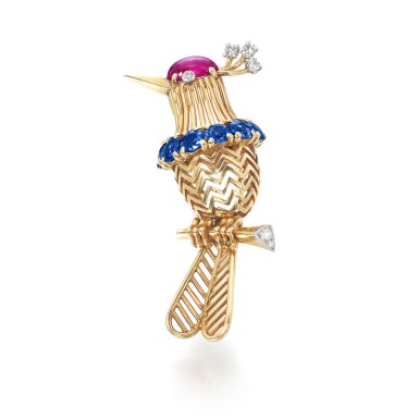 Cartier 1950's ruby and sapphire bird brooch